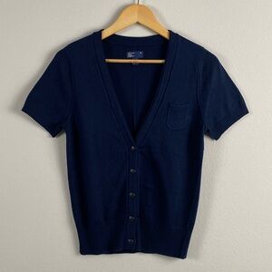 American Eagle Knit Short Sleeve V Neck Button Front Cardigan Sweater | Navy